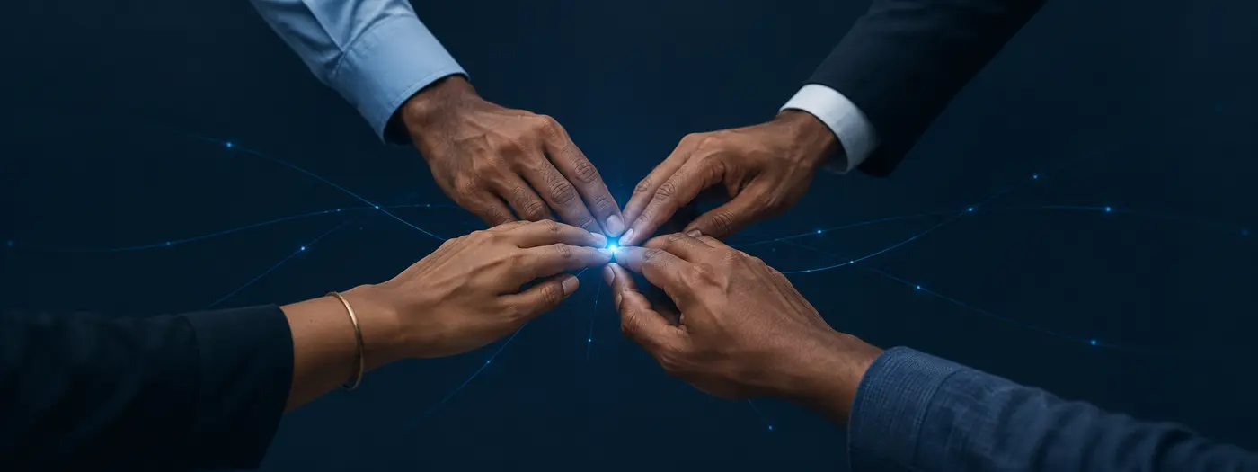 Four professional hands connecting around a point of blue light