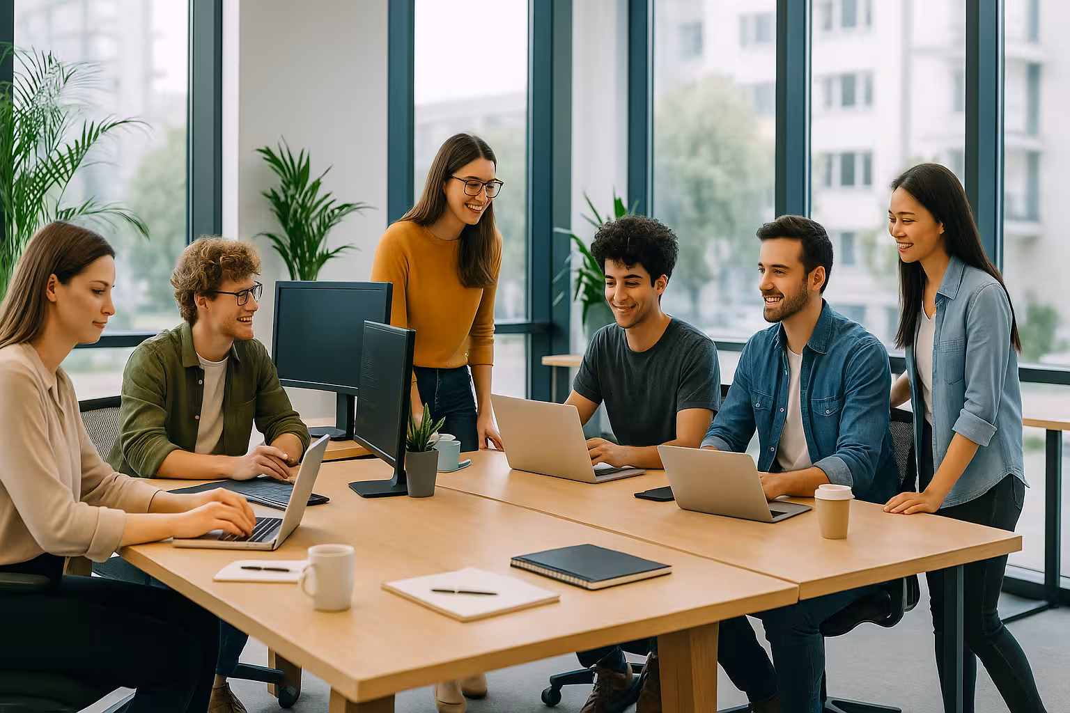 Technology professionals collaborating in a modern workspace